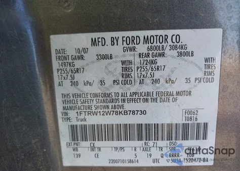 2008 Ford F-150 60Th Anniversary/Fx2/Xl/Xlt z USA, uszkodzony, nr VIN 1FTRW12W78KB78730